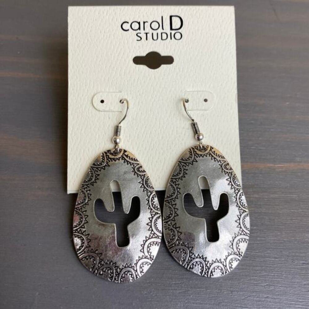 Carol D Studio Boho Ornate Teardrop Cactus Dangle Earrings Cutout Silvertone NEW